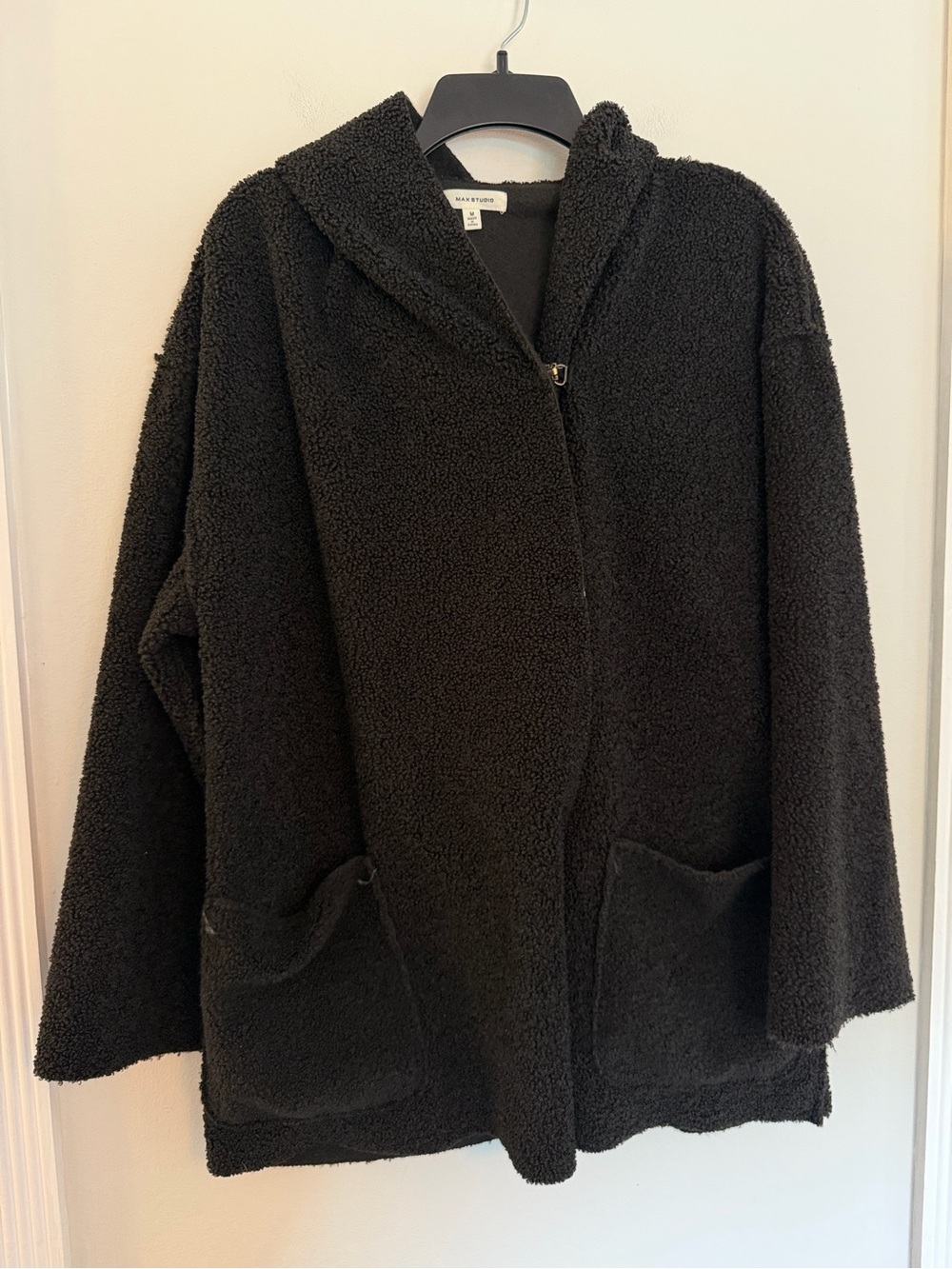 Max Studio Black Sherpa Teddy Hooded Coat Jacket Medium